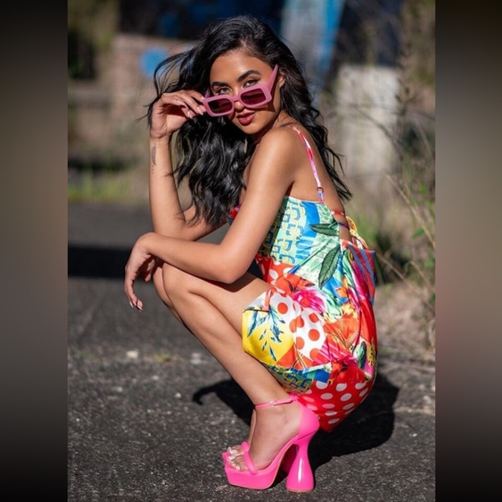 Random Patchwork Print Split Hem Cami Dress - image 2